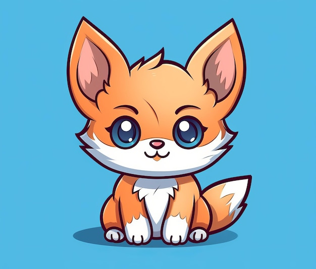 A cartoon of a fox with blue eyes sits on a blue background.