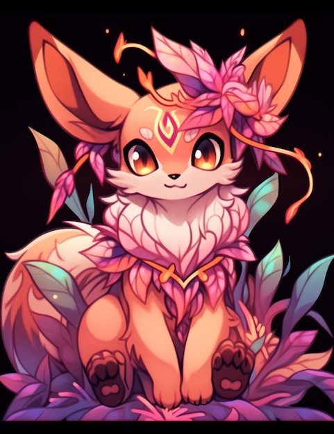 A cartoon fox with a flower crown sitting on a flowery ground generative ai