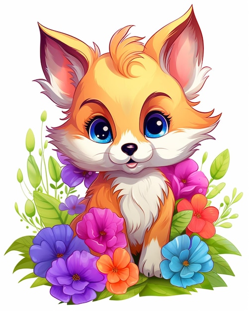 cartoon fox with flowers and leaves generative ai