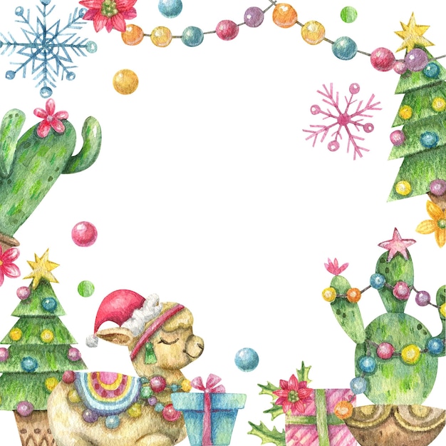 Cartoon frame with christmas decorated cactus,cute alpaca,snowflakes,garland,gifts.