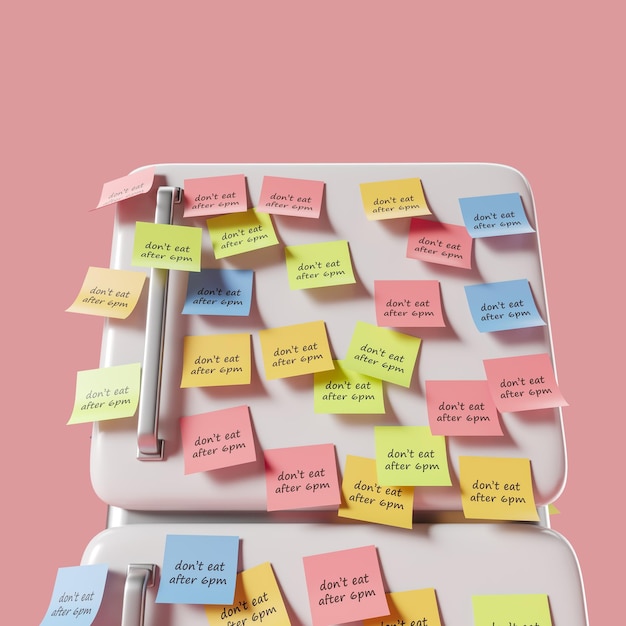 Cartoon fridge with sticker notes about diet on pink background