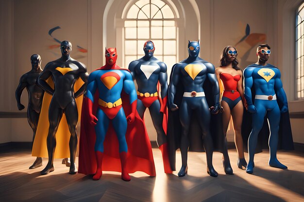 Photo a cartoon of friends dressed as superheroes with capes masks and logos