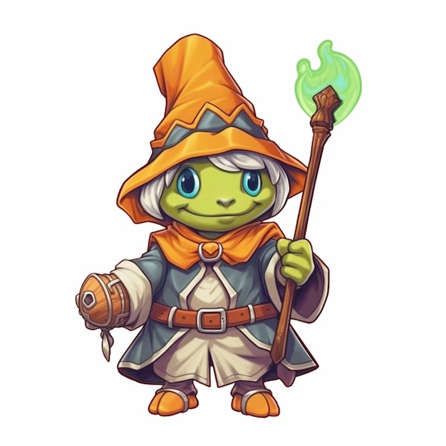 a cartoon frog dressed in a wizard costume holding a broom generative ai