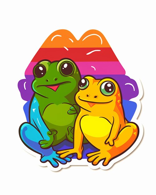 Cartoon frog and froggy sitting together in front of a mountain generative ai