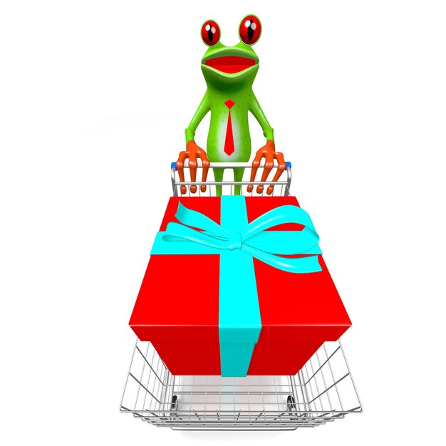 Cartoon frog and gift box in shopping cart