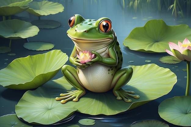 Cartoon frog holding lotus leaf