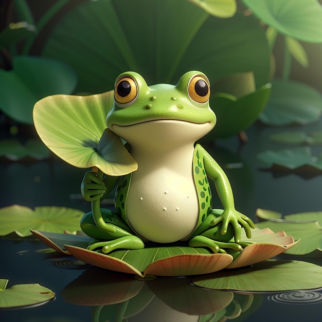 Фото Карикатурная лягушка с листом лотоса