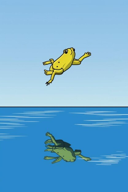 Cartoon frog jumping into the water to catch a fish generative ai