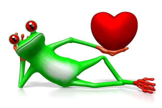 Мультяшная лягушка лежит на земле и держит форму сердца