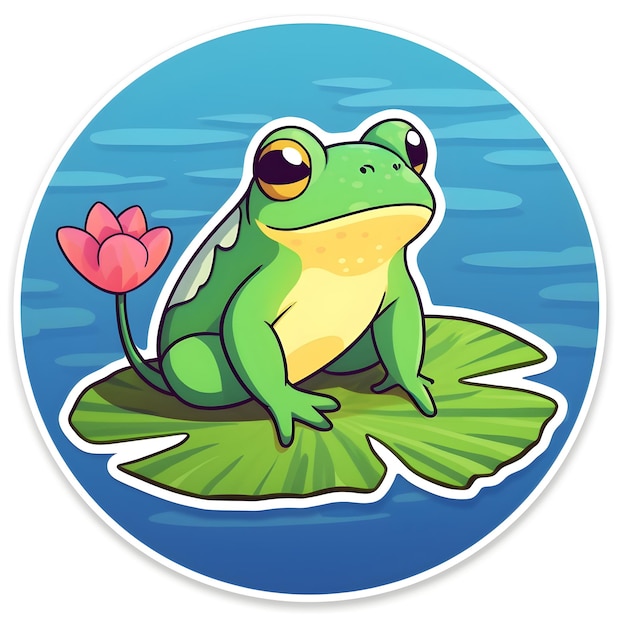 Premium Photo | A cartoon frog sits on a lily pad with a pink flower on it.