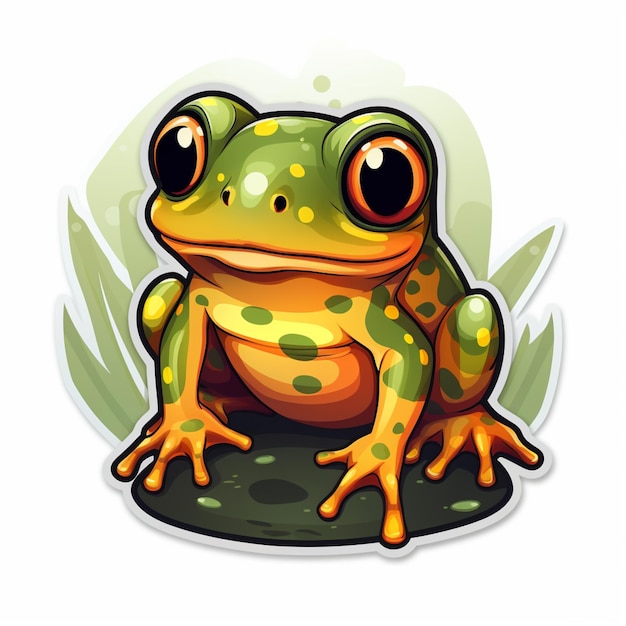 cartoon frog sitting on a rock with green grass and leaves generative ai