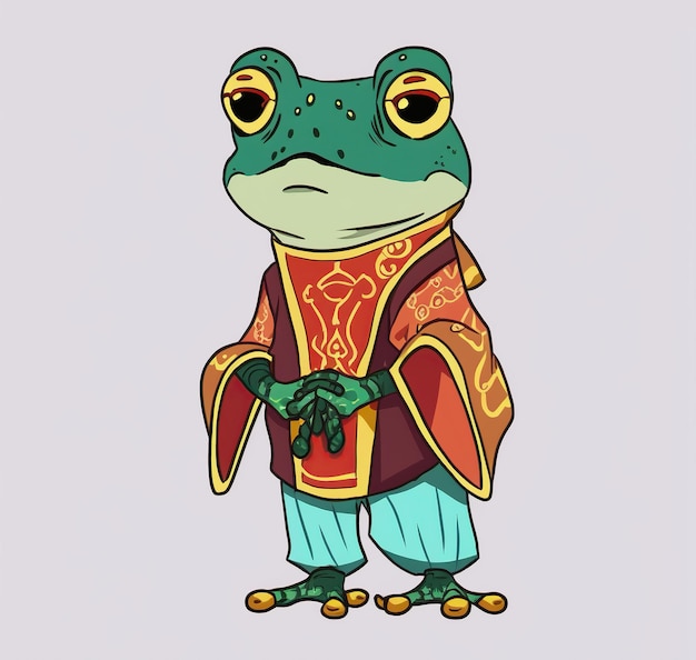 A cartoon frog wearing a kimono with the word frog on it