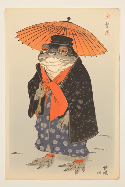 Photo a cartoon of a frog wearing an umbrella and a scarf with a star on it