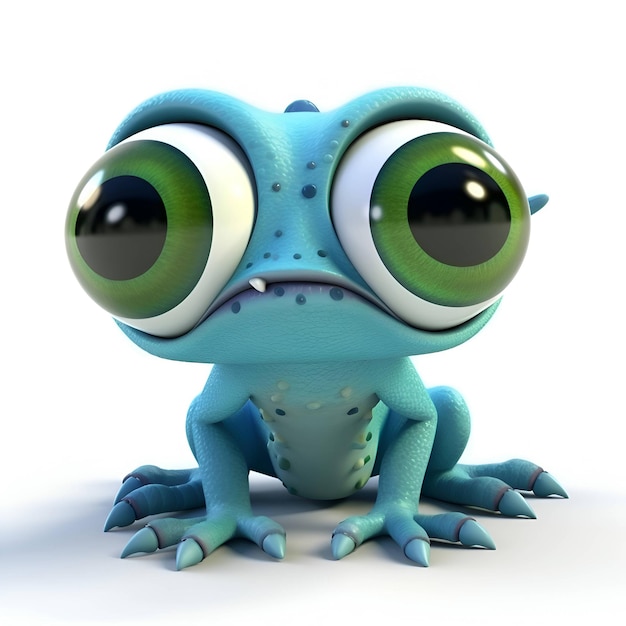 흰색 배경 3D 그림에 큰 눈을 가진 만화 개구리
