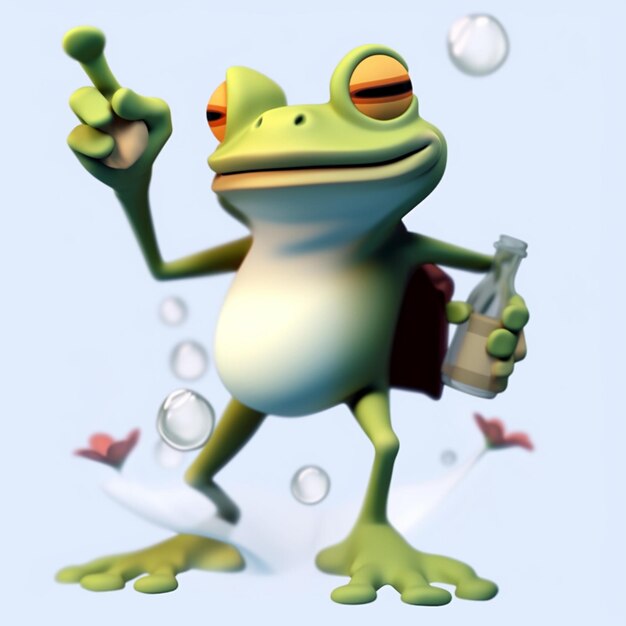 Photo cartoon frog with a bottle of water and bubbles generative ai