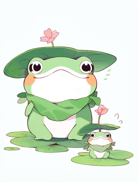 Photo cartoon frog with a froggy in a hat and a froggy in a froggy suit generative ai