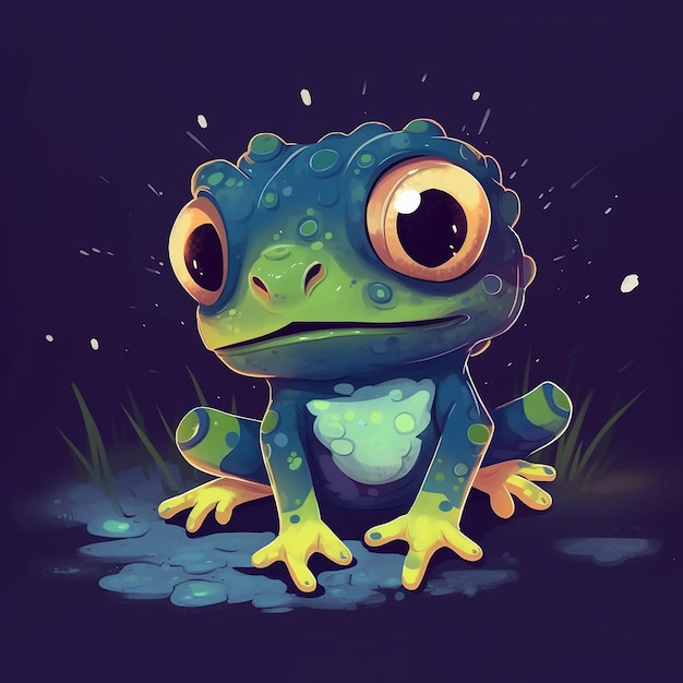 A cartoon frog with a green body and a black eye.