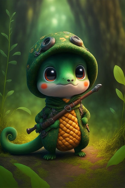 Мультяшная лягушка с ружьем в лесу