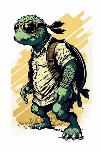 帽子とサングラスをかぶって「カエル」と書かれたシャツを着た漫画のカエル