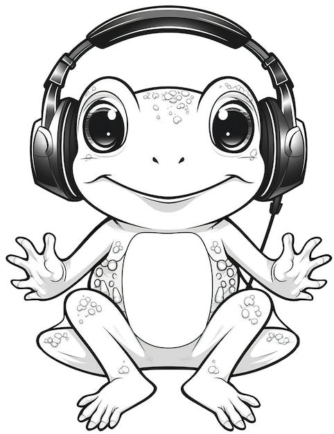 ヘッドフォンと音符を持つ漫画のカエル生成 AI 画像子供のための塗り絵