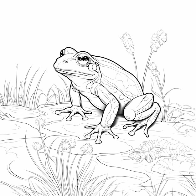 Photo cartoon froggy friends coloring page with baby frogs in a pond and fluffy clouds