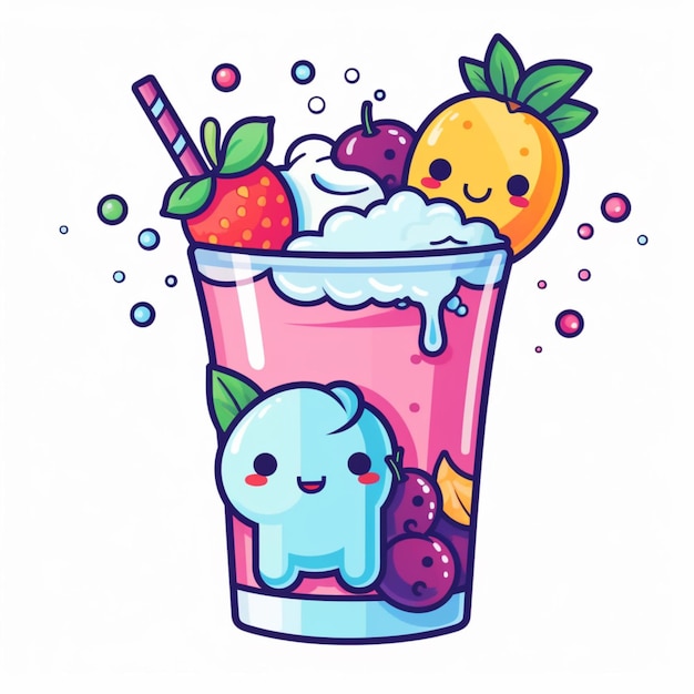 cartoon fruit drink with ice cream and fruit in a glass generative ai