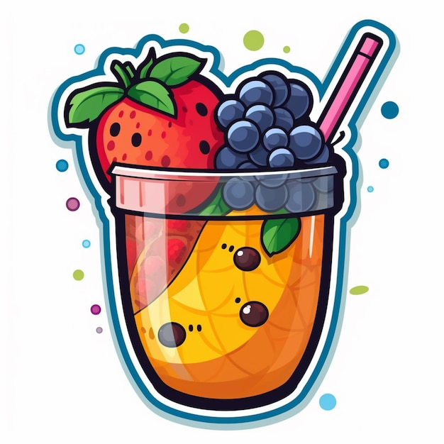 Photo cartoon fruit drink with strawberries and blueberries in a glass generative ai