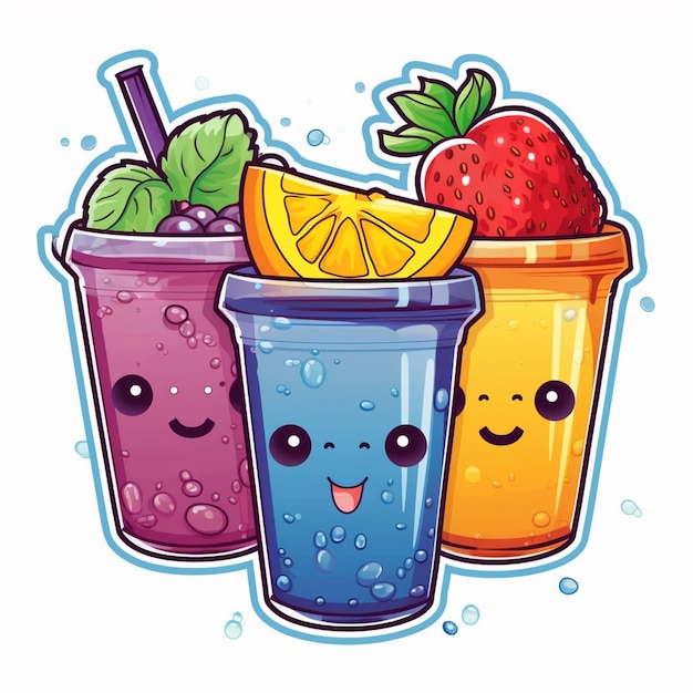 cartoon fruit juices with faces and strawberries in a cup generative ai