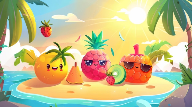 Foto cartoon fruit ontspannen op een tropisch eiland in de zomer