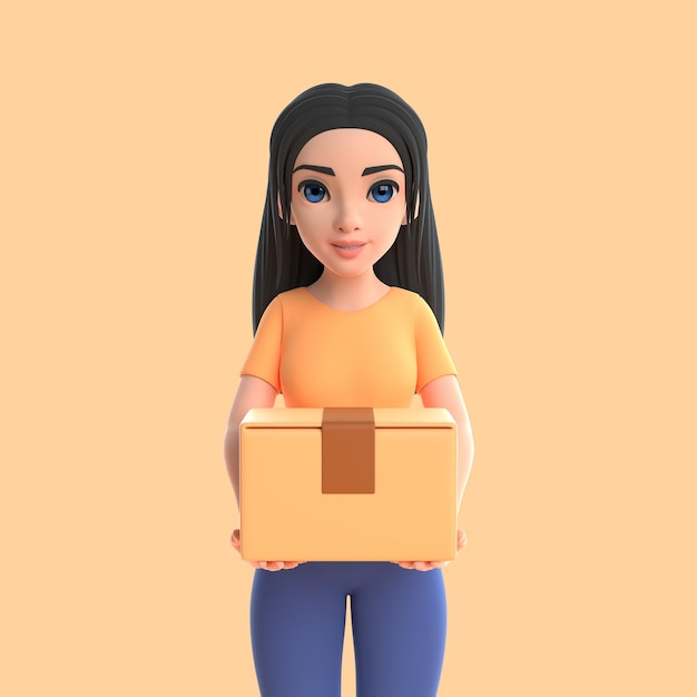 Cartoon funny cute courier girl bring cardboard box over beige background 3D render illustration