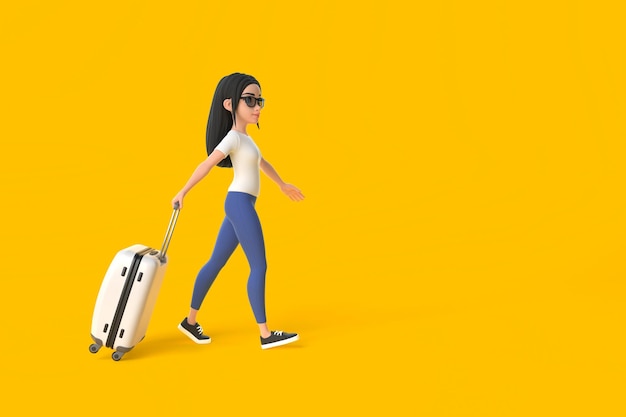 만화 속 우스꽝스러운 귀여운 소녀와 선글라스는 노란색 배경 3D 렌더링에 여행가방을 들고 걸어갑니다.
