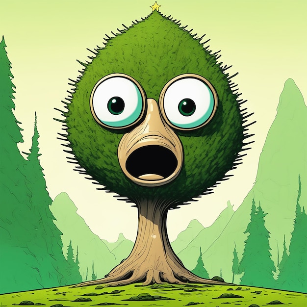 cartoon of a funny fir tree with eyes emphasis in facial expression character caricatures moss