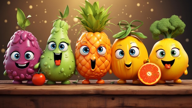 Photo cartoon funny fruits healthy food healthy lifes aigenerated