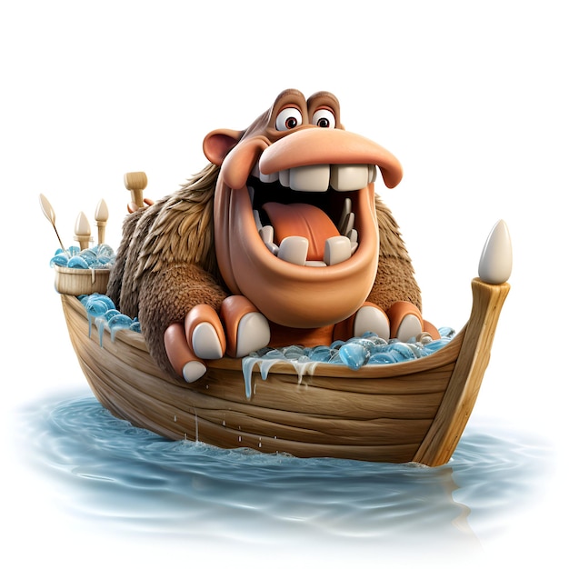 Photo cartoon funny monkey in a boat with ice cubes on white background