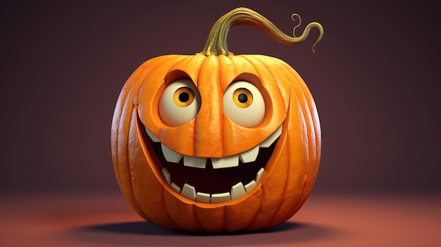 Photo cartoon funny pumpkin on a dark background. high quality photo