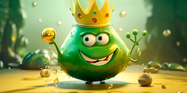 Мультяшный персонаж желчного пузыря с короной и скипетром в окружении желтых и зеленых драгоценных камней Generative AI
