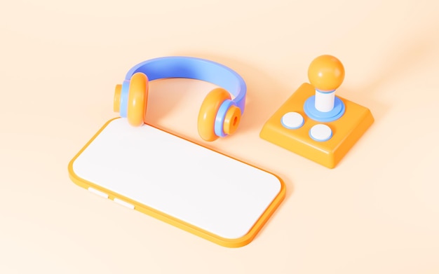 Cartoon game control stick and headset in the yellow background 3d rendering