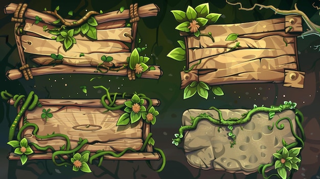 Cartoon game UI frame and border plate with green liana vines dry creepy branches wooden signboard and spooky marshy stone banner