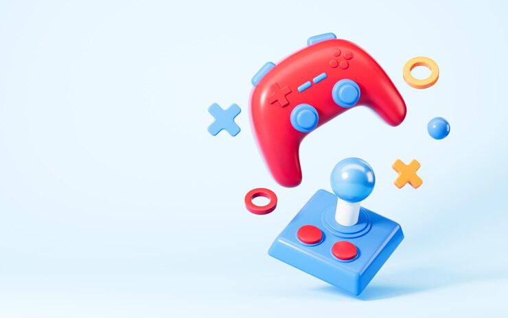 Foto cartoon gamepad in de blauwe achtergrond 3d-rendering
