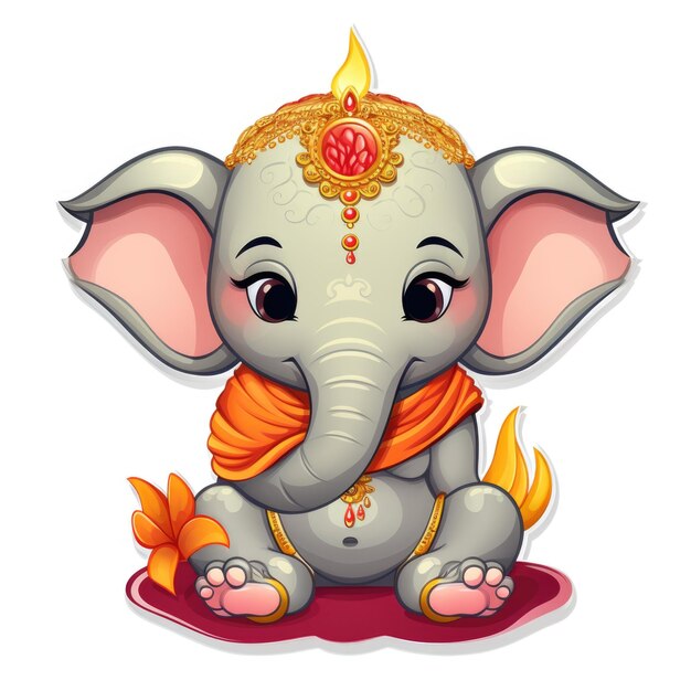 A cartoon Ganesha elephant sitting on a rug with a crown on its head Digital art