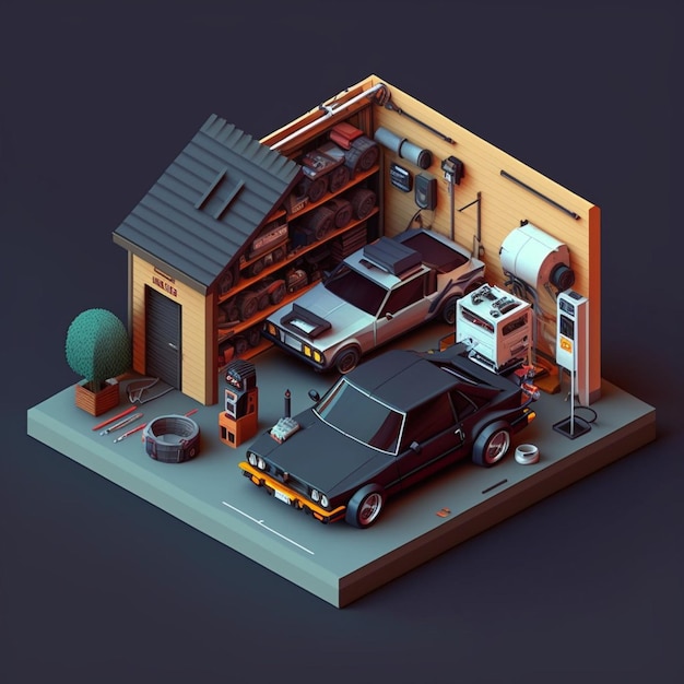 Мультфильм о гараже с машиной в гаражном изометрическом стиле