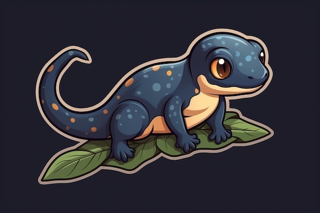 A cartoon gecko with a blue face and yellow eyes sits on a leaf.