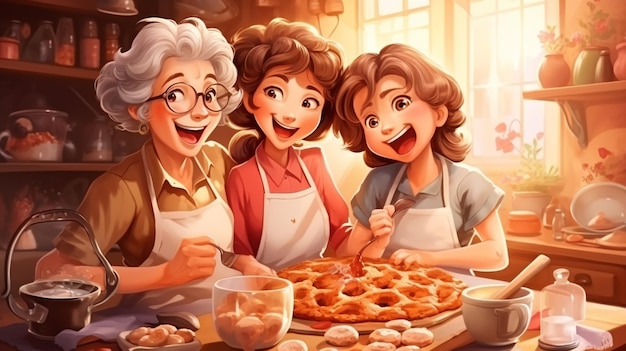 cartoon Gelukkig klein meisje grootmoeder koken traditionele peperkoek kerstkoekjes samen Hoge kwaliteit foto