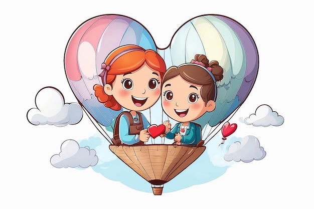 Cartoon gelukkig paar in hete luchtballon in hartvorm over witte achtergrond vector illustratie