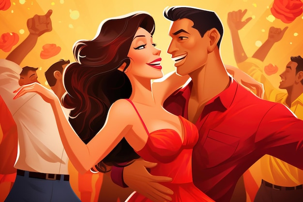 Cartoon gelukkige vrouw en man danser genieten van salsa bachata tango en rumba Generative Ai