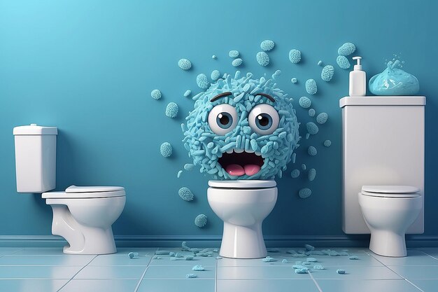 Photo cartoon germs in toilet on a blue wall background concept of hygiene and prevention of epidemic diseases 3d rendering