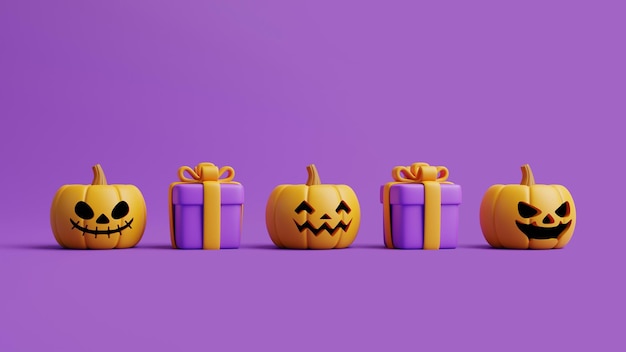 Cartoon geschenk dozen met Halloween Jack o Lantern pompoenen op paarse achtergrond 3D render