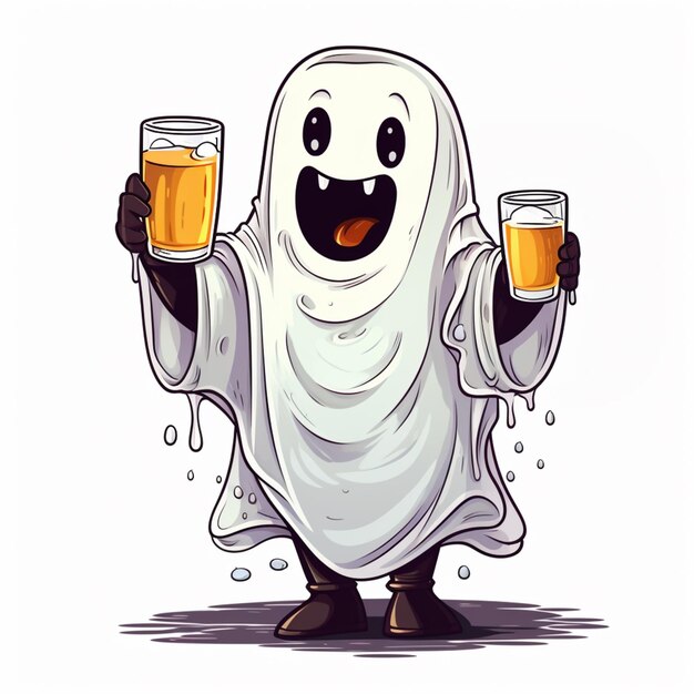 cartoon ghost holding a glass of beer and a bottle of beer generative ai