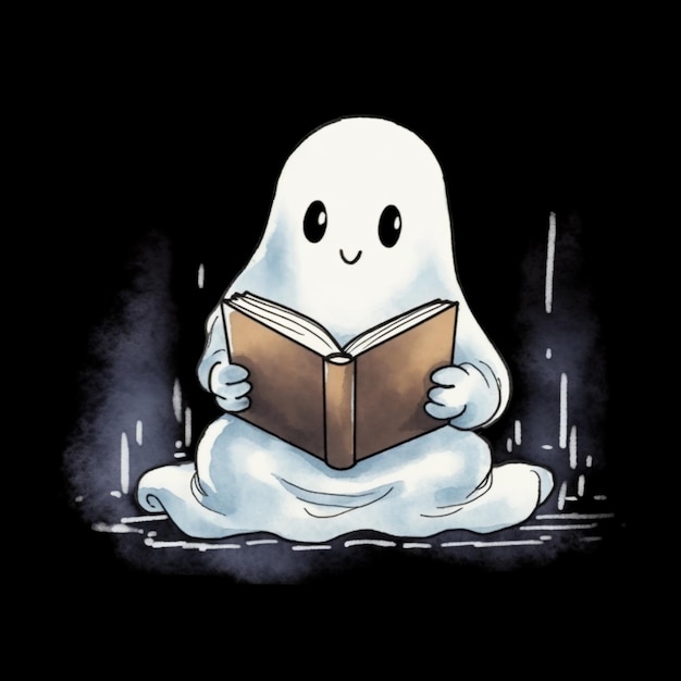 Photo a cartoon ghost reading a book in the rain generative ai