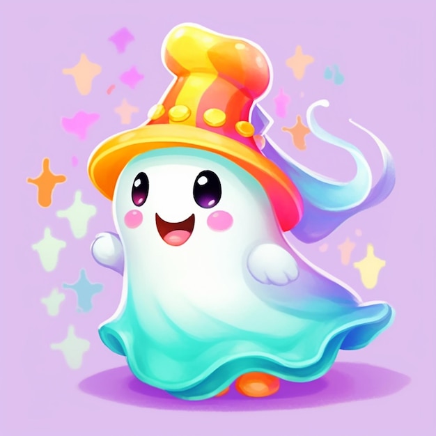 A cartoon ghost with a hat and a star on its head ai generative